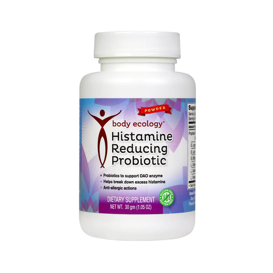 Body Ecology Histamine Reducing Probiotic Powder is a blend of beneficial bacteria that support the DAO enzyme and helps to lower high levels of mast cells in the gut. The DAO enzyme in our Histamine Reducing Probiotic Powder is responsible for breaking down histamine in the intestines.